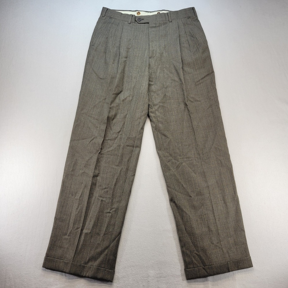Burberrys Dress Pants Mens 33x32 Brown Glen Plaid Pleated Vintage Trousers